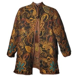 Vintage  Sz Med Bohemian Longline Tapestry Jacket Womens Yellow Brown Teal Retro